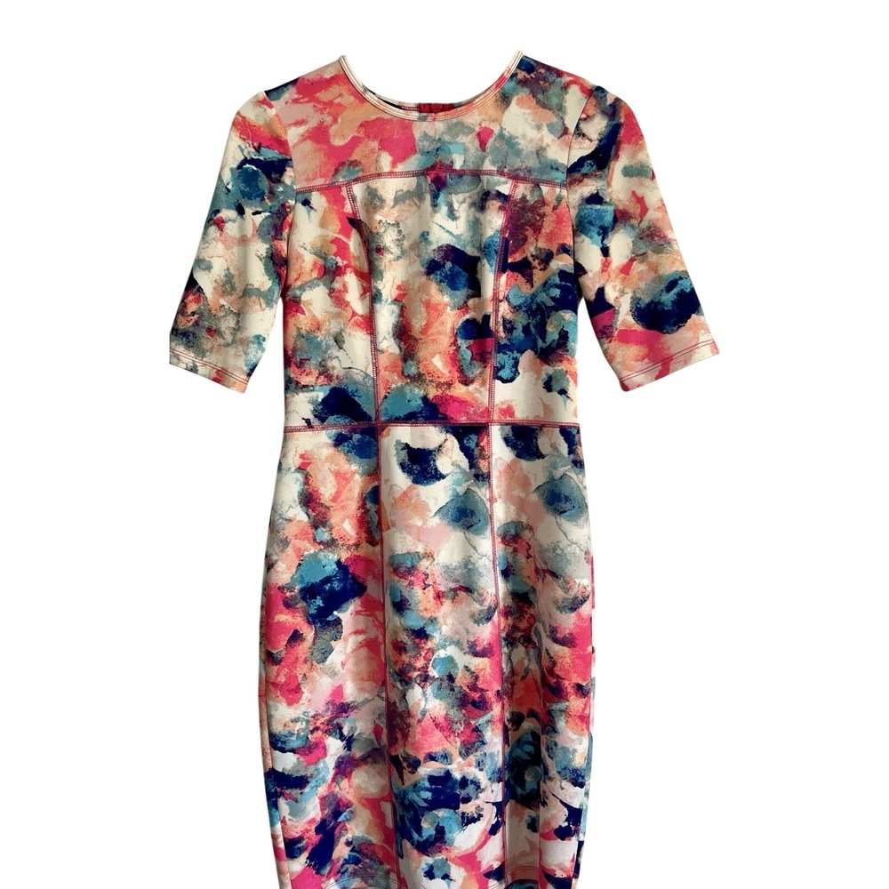 INC International Concepts Size 4 Abstract Watercolor Sheath Dress Pink Blue Zip